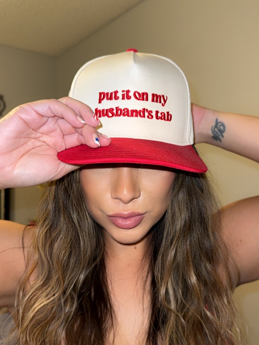 Cream and Red Trucker Hat with Embroidered Slogan
